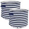 Contemporary Home Living Set of 2 Navy Blue And White Small Round Striped Pe Coated Herringbone Woven Cotton Laundry Bin, 9.5"